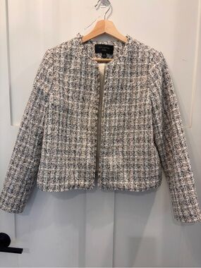 Ann Taylor Tweed Open-Front Blazer in Cream and Gray Houndstooth
